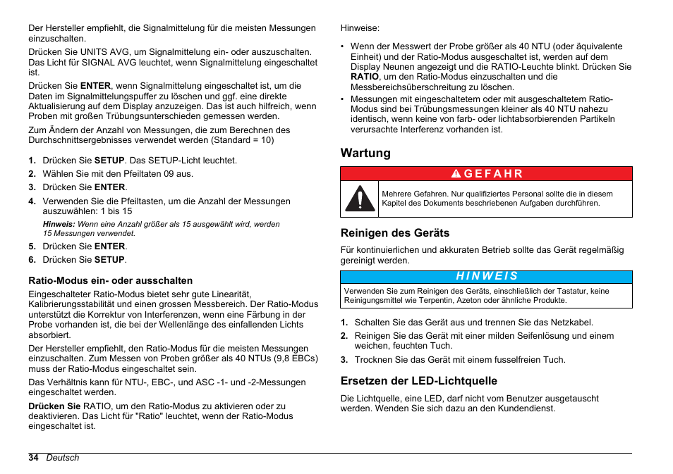 Ratio-modus ein- oder ausschalten, Wartung, Reinigen des geräts | Ersetzen der led-lichtquelle, Auf seite 34 | Hach-Lange 2100 AN IS Laboratory Turbidimeter Basic User Manual User Manual | Page 34 / 76