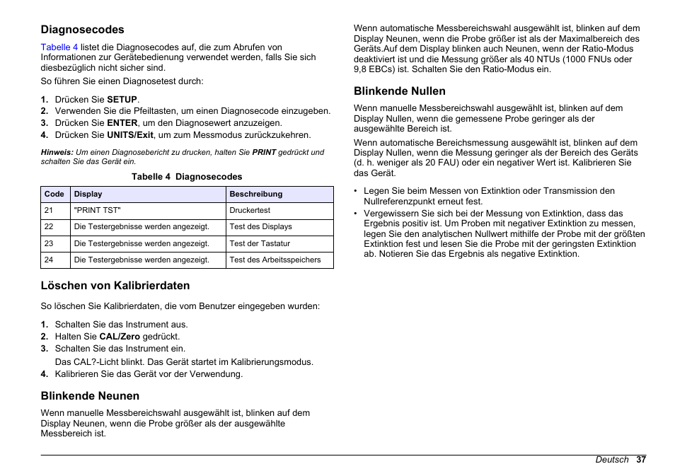 Diagnosecodes, Löschen von kalibrierdaten, Blinkende neunen | Blinkende nullen | Hach-Lange 2100 AN IS Laboratory Turbidimeter Basic User Manual User Manual | Page 37 / 76