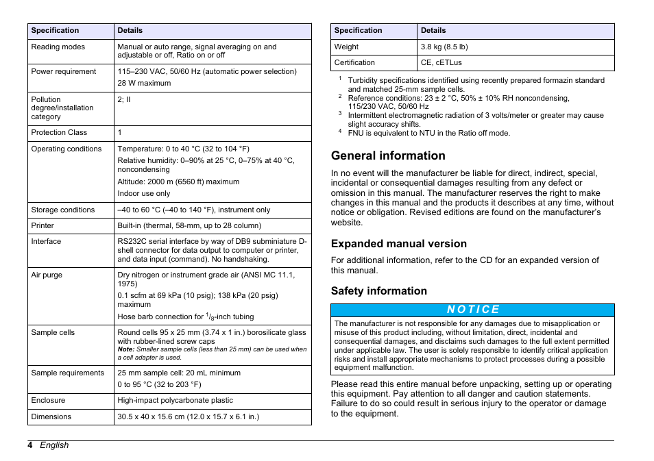 General information, Expanded manual version, Safety information | Hach-Lange 2100 AN IS Laboratory Turbidimeter Basic User Manual User Manual | Page 4 / 76