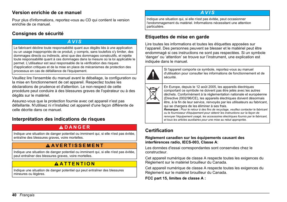 Version enrichie de ce manuel, Consignes de sécurité, Interprétation des indications de risques | Etiquettes de mise en garde, Certification | Hach-Lange 2100 AN IS Laboratory Turbidimeter Basic User Manual User Manual | Page 40 / 76