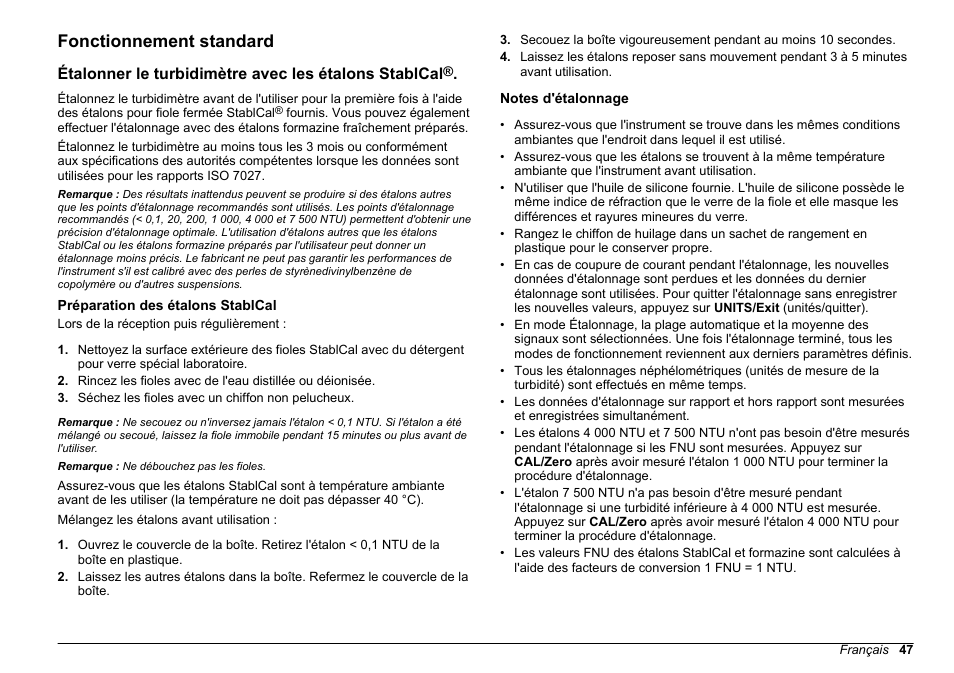 Fonctionnement standard, Préparation des étalons stablcal, Notes d'étalonnage | Hach-Lange 2100 AN IS Laboratory Turbidimeter Basic User Manual User Manual | Page 47 / 76
