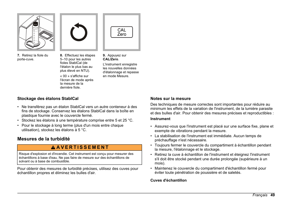 Stockage des étalons stablcal, Mesures de la turbidité, Notes sur la mesure | Hach-Lange 2100 AN IS Laboratory Turbidimeter Basic User Manual User Manual | Page 49 / 76