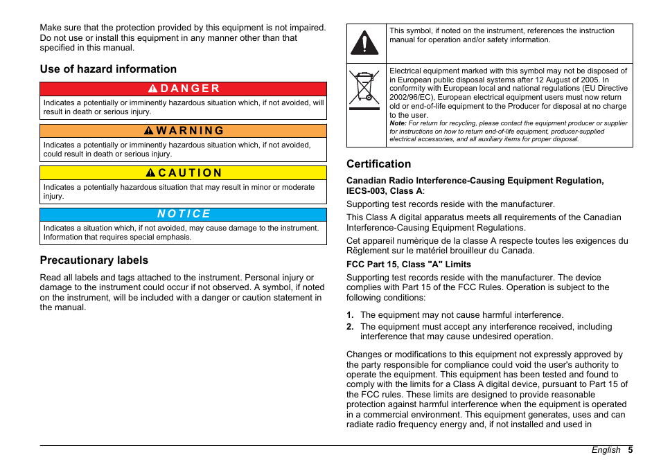 Use of hazard information, Precautionary labels, Certification | Hach-Lange 2100 AN IS Laboratory Turbidimeter Basic User Manual User Manual | Page 5 / 76