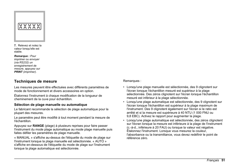 Techniques de mesure, Sélection de plage manuelle ou automatique | Hach-Lange 2100 AN IS Laboratory Turbidimeter Basic User Manual User Manual | Page 51 / 76