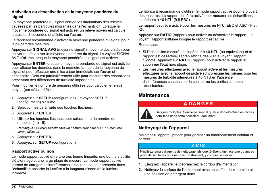 Rapport activé ou non, Maintenance, Nettoyage de l'appareil | Hach-Lange 2100 AN IS Laboratory Turbidimeter Basic User Manual User Manual | Page 52 / 76