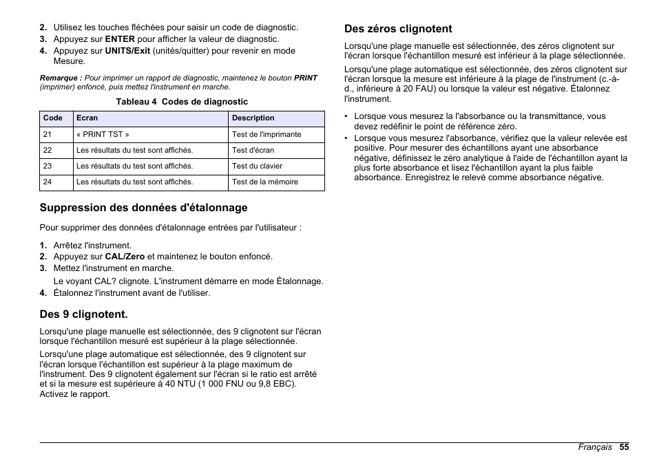 Suppression des données d'étalonnage, Des 9 clignotent, Des zéros clignotent | Hach-Lange 2100 AN IS Laboratory Turbidimeter Basic User Manual User Manual | Page 55 / 76