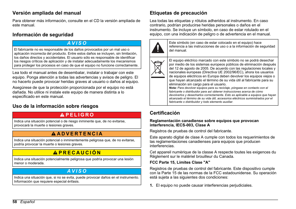 Versión ampliada del manual, Información de seguridad, Uso de la información sobre riesgos | Etiquetas de precaución, Certificación | Hach-Lange 2100 AN IS Laboratory Turbidimeter Basic User Manual User Manual | Page 58 / 76