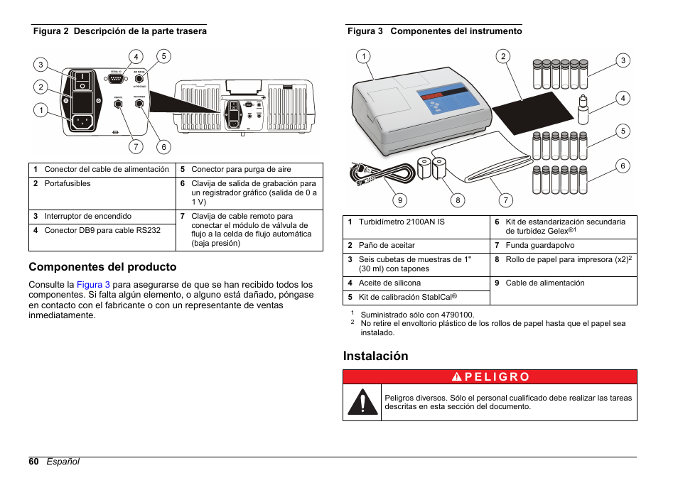 Componentes del producto, Instalación | Hach-Lange 2100 AN IS Laboratory Turbidimeter Basic User Manual User Manual | Page 60 / 76