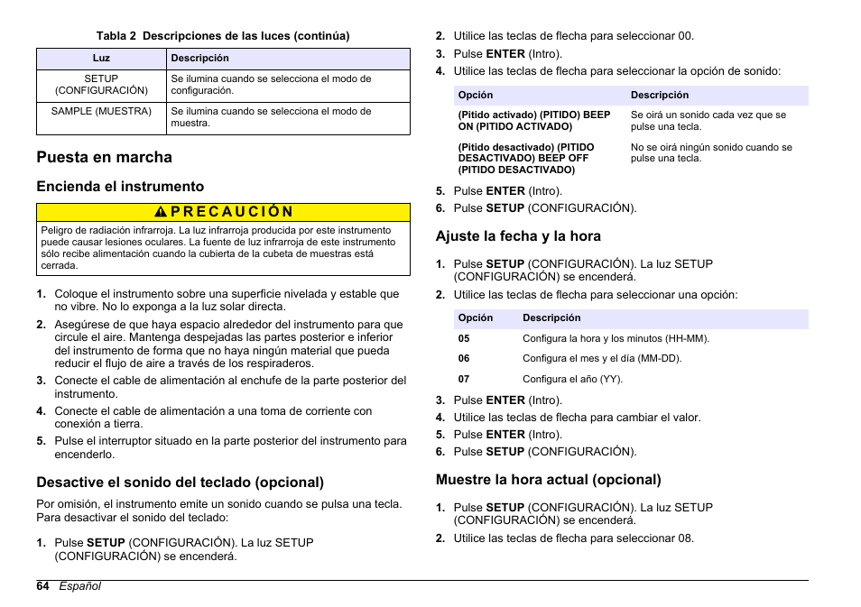 Puesta en marcha, Encienda el instrumento, Desactive el sonido del teclado (opcional) | Ajuste la fecha y la hora, Muestre la hora actual (opcional) | Hach-Lange 2100 AN IS Laboratory Turbidimeter Basic User Manual User Manual | Page 64 / 76