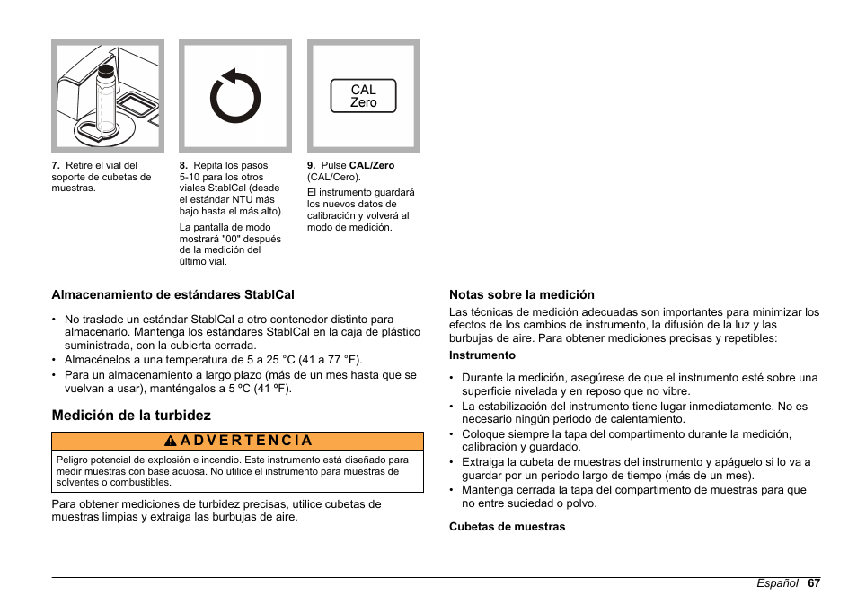 Almacenamiento de estándares stablcal, Medición de la turbidez, Notas sobre la medición | Hach-Lange 2100 AN IS Laboratory Turbidimeter Basic User Manual User Manual | Page 67 / 76