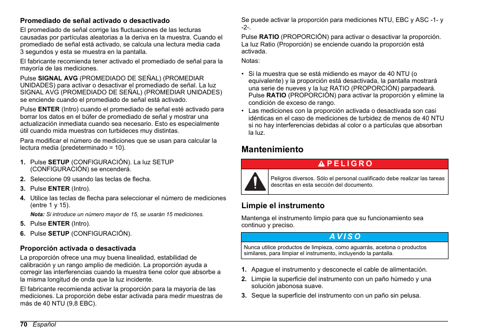 Promediado de señal activado o desactivado, Proporción activada o desactivada, Mantenimiento | Limpie el instrumento | Hach-Lange 2100 AN IS Laboratory Turbidimeter Basic User Manual User Manual | Page 70 / 76