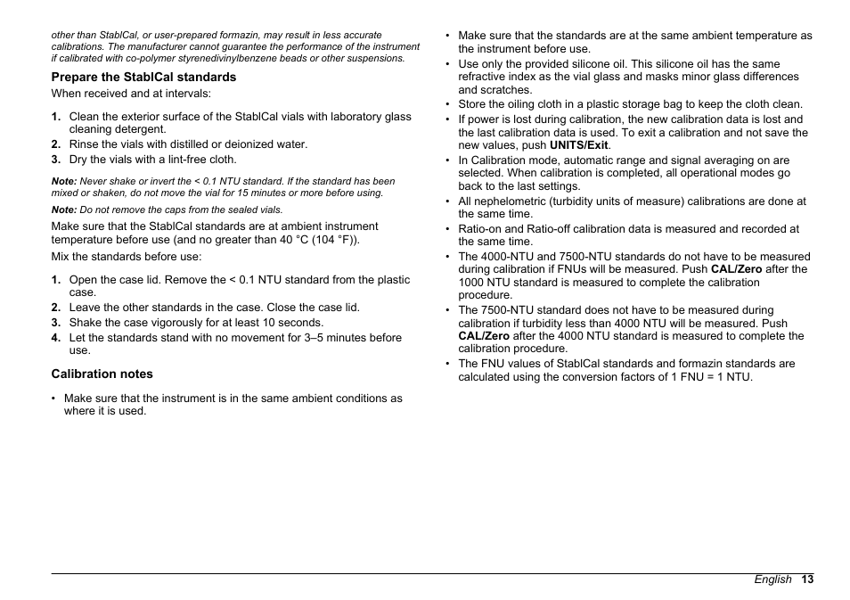 Prepare the stablcal standards, Calibration notes, Prepare the stablcal standards calibration notes | Hach-Lange 2100 AN IS Laboratory Turbidimeter User Manual User Manual | Page 15 / 52