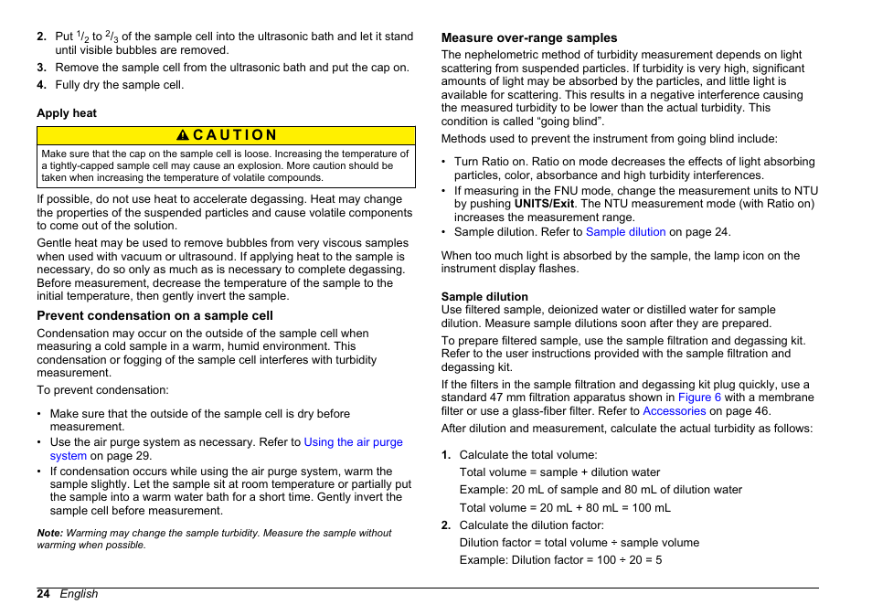 Apply heat, Prevent condensation on a sample cell, Measure over-range samples | Sample dilution | Hach-Lange 2100 AN IS Laboratory Turbidimeter User Manual User Manual | Page 26 / 52