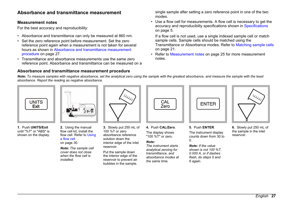Absorbance and transmittance measurement, Measurement notes, Absorbance and transmittance measurement procedure | Hach-Lange 2100 AN IS Laboratory Turbidimeter User Manual User Manual | Page 29 / 52