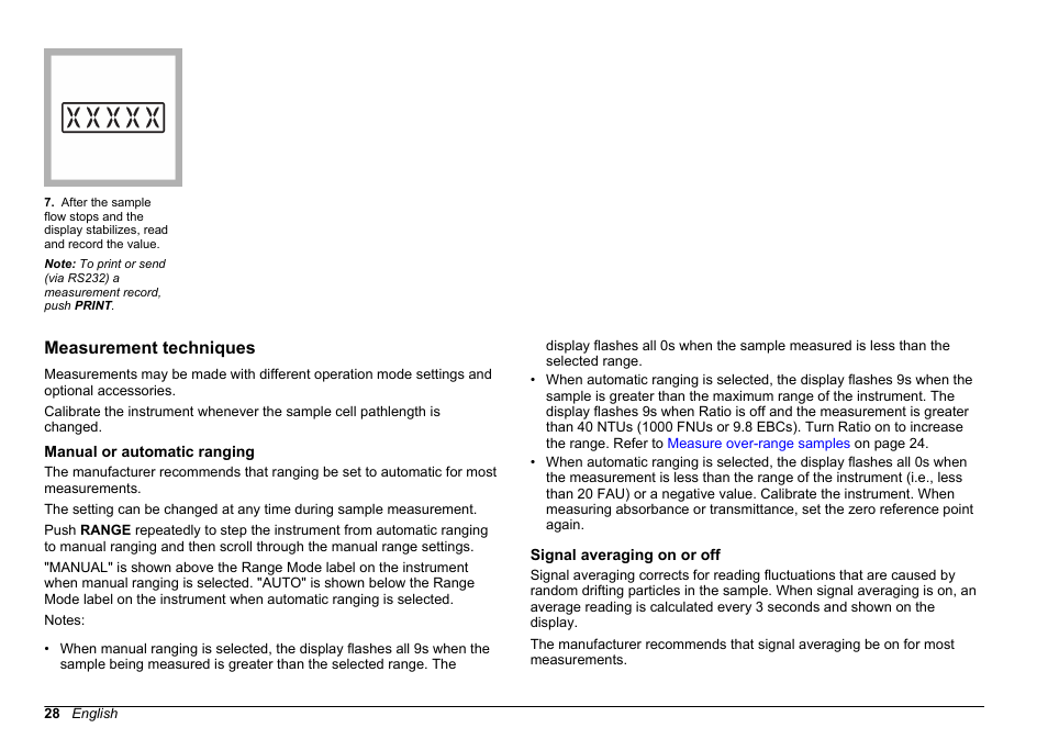 Measurement techniques, Manual or automatic ranging, Signal averaging on or off | Hach-Lange 2100 AN IS Laboratory Turbidimeter User Manual User Manual | Page 30 / 52