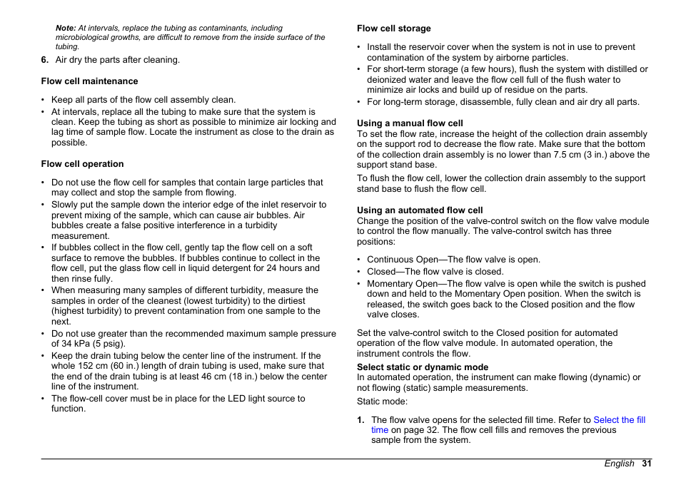 Flow cell maintenance, Flow cell operation, Flow cell storage | Using a manual flow cell, Using an automated flow cell, Select static or dynamic mode | Hach-Lange 2100 AN IS Laboratory Turbidimeter User Manual User Manual | Page 33 / 52