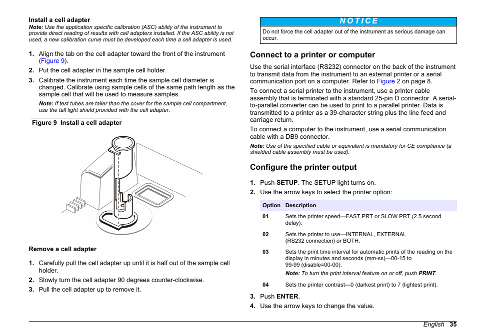 Install a cell adapter, Remove a cell adapter, Connect to a printer or computer | Configure the printer output, Install a cell adapter remove a cell adapter, Configure, The printer output, Refer to | Hach-Lange 2100 AN IS Laboratory Turbidimeter User Manual User Manual | Page 37 / 52