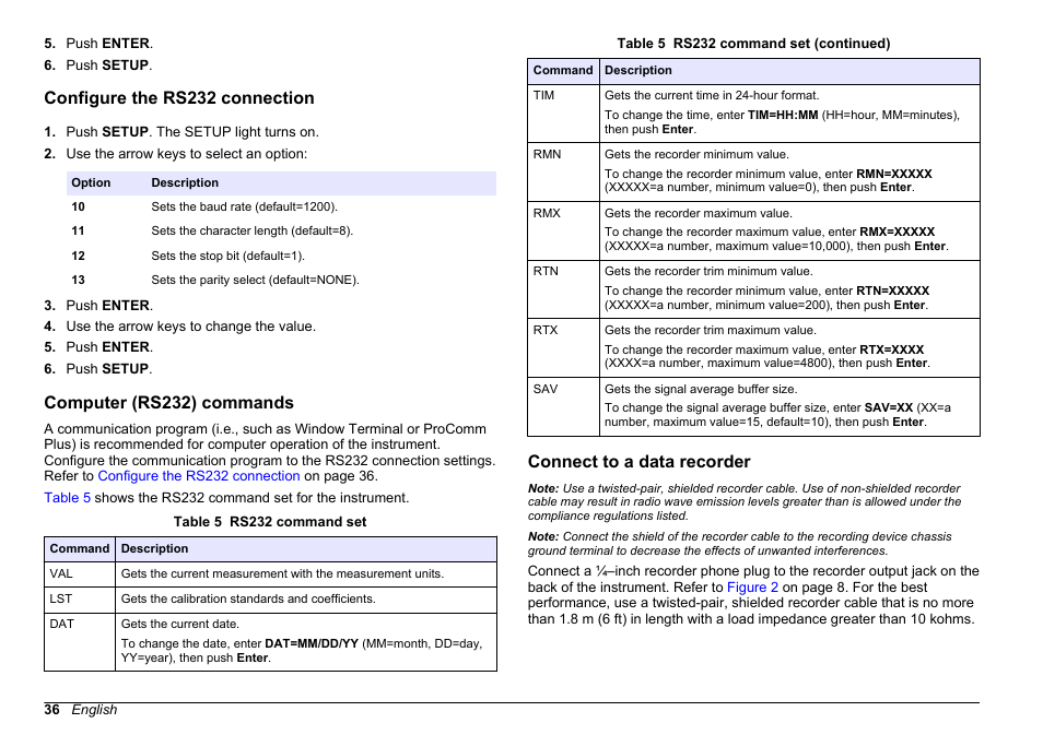 Configure the rs232 connection, Computer (rs232) commands, Connect to a data recorder | Hach-Lange 2100 AN IS Laboratory Turbidimeter User Manual User Manual | Page 38 / 52