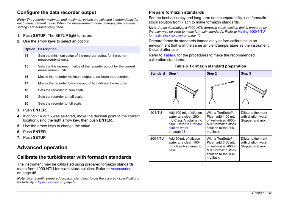 Configure the data recorder output, Advanced operation, Calibrate the turbidimeter with formazin standards | Prepare formazin standards | Hach-Lange 2100 AN IS Laboratory Turbidimeter User Manual User Manual | Page 39 / 52