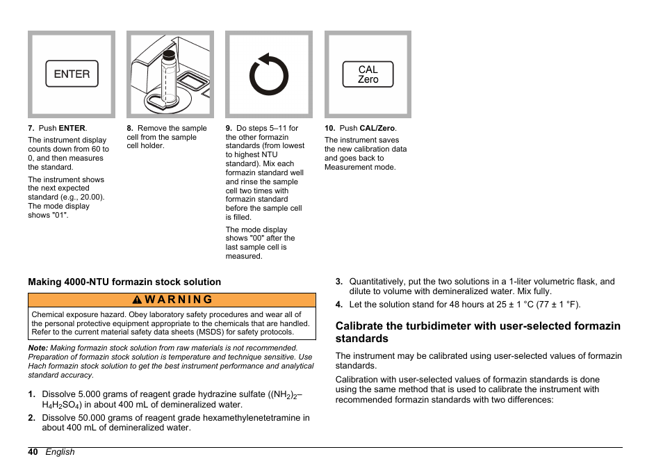 Making 4000-ntu formazin stock solution, Making 4000-ntu, Formazin stock solution | Hach-Lange 2100 AN IS Laboratory Turbidimeter User Manual User Manual | Page 42 / 52