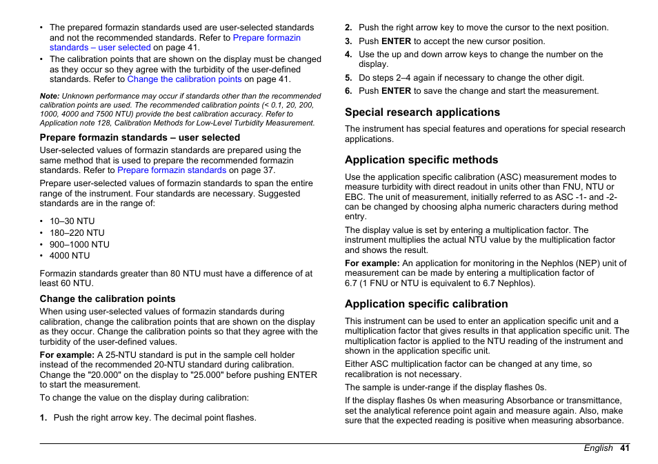 Prepare formazin standards – user selected, Change the calibration points, Special research applications | Application specific methods, Application specific calibration | Hach-Lange 2100 AN IS Laboratory Turbidimeter User Manual User Manual | Page 43 / 52