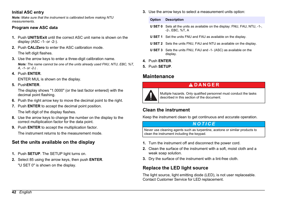 Initial asc entry, Program new asc data, Set the units available on the display | Maintenance, Clean the instrument, Replace the led light source, Initial asc entry program new asc data, Clean the instrument replace the led light source | Hach-Lange 2100 AN IS Laboratory Turbidimeter User Manual User Manual | Page 44 / 52