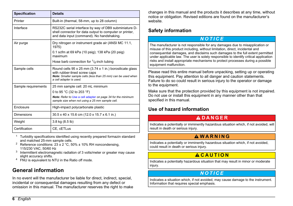 General information, Safety information, Use of hazard information | Safety information use of hazard information | Hach-Lange 2100 AN IS Laboratory Turbidimeter User Manual User Manual | Page 8 / 52