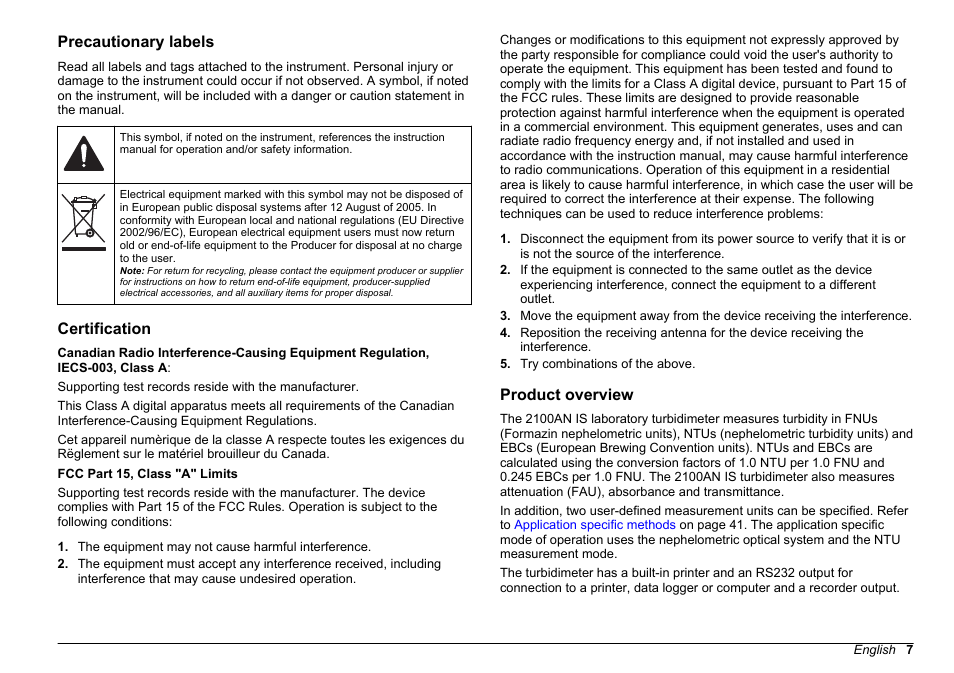 Precautionary labels, Certification, Product overview | Hach-Lange 2100 AN IS Laboratory Turbidimeter User Manual User Manual | Page 9 / 52