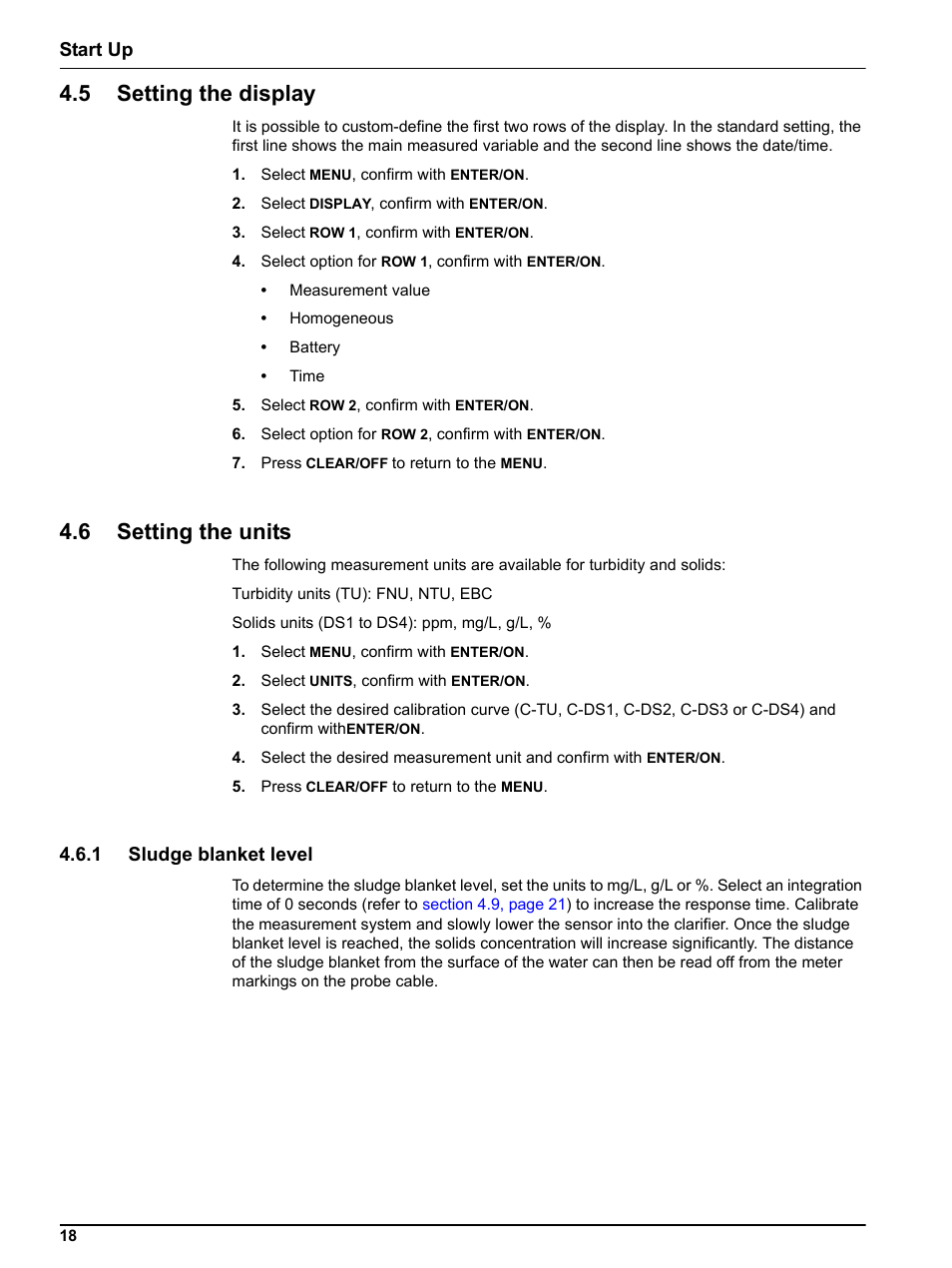 5 setting the display, 6 setting the units, 1 sludge blanket level | 5 setting the display 4.6 setting the units, Start up | Hach-Lange TSS PORTABLE Handheld Instrument for Turbidity_Suspended Solids Manual User Manual | Page 18 / 38