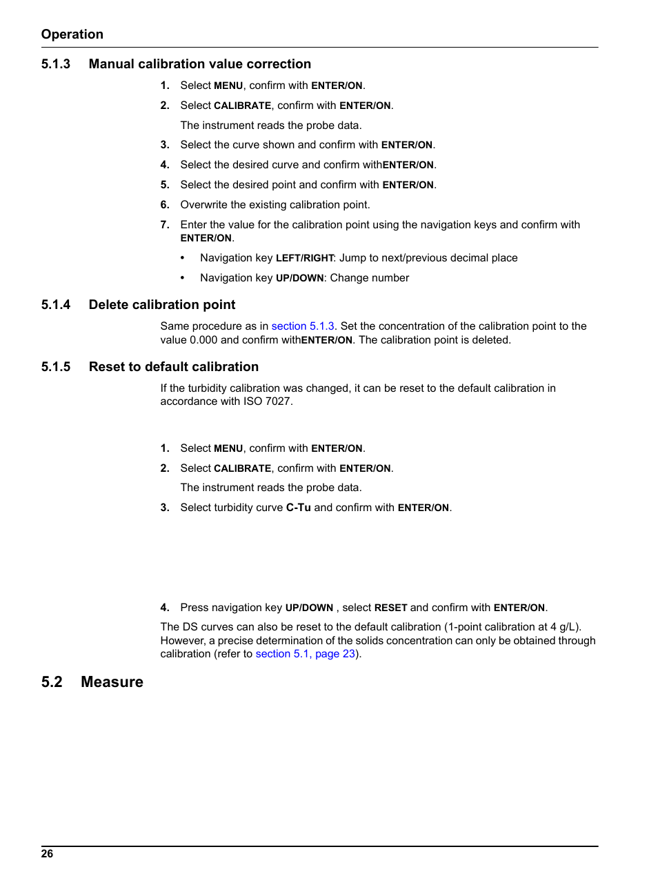 3 manual calibration value correction, 4 delete calibration point, 5 reset to default calibration | 2 measure | Hach-Lange TSS PORTABLE Handheld Instrument for Turbidity_Suspended Solids Manual User Manual | Page 26 / 38