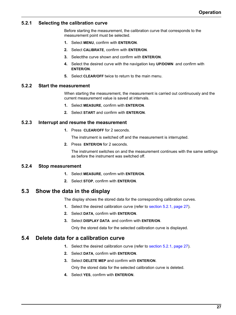 1 selecting the calibration curve, 2 start the measurement, 3 interrupt and resume the measurement | 4 stop measurement, 3 show the data in the display, 4 delete data for a calibration curve, Operation 5.2.1 selecting the calibration curve | Hach-Lange TSS PORTABLE Handheld Instrument for Turbidity_Suspended Solids Manual User Manual | Page 27 / 38
