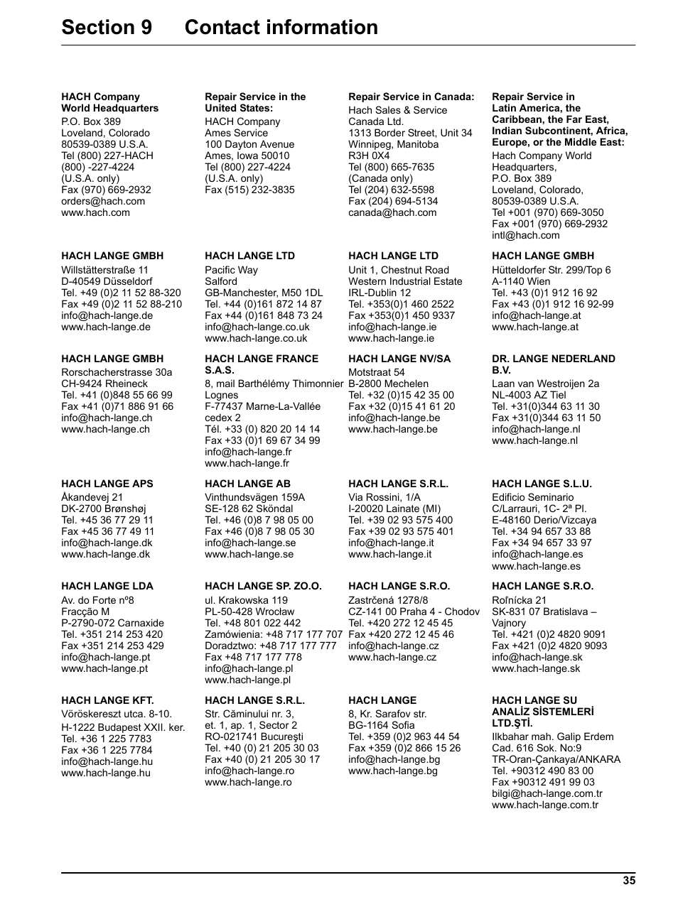 Section 9 contact information | Hach-Lange TSS PORTABLE Handheld Instrument for Turbidity_Suspended Solids Manual User Manual | Page 35 / 38