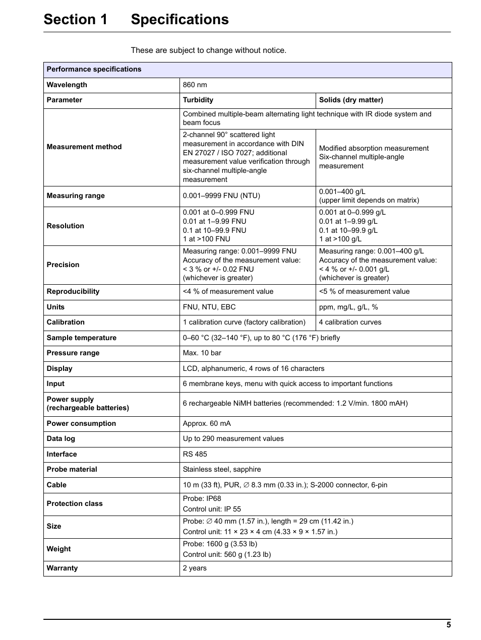 Section 1 specifications | Hach-Lange TSS PORTABLE Handheld Instrument for Turbidity_Suspended Solids Manual User Manual | Page 5 / 38