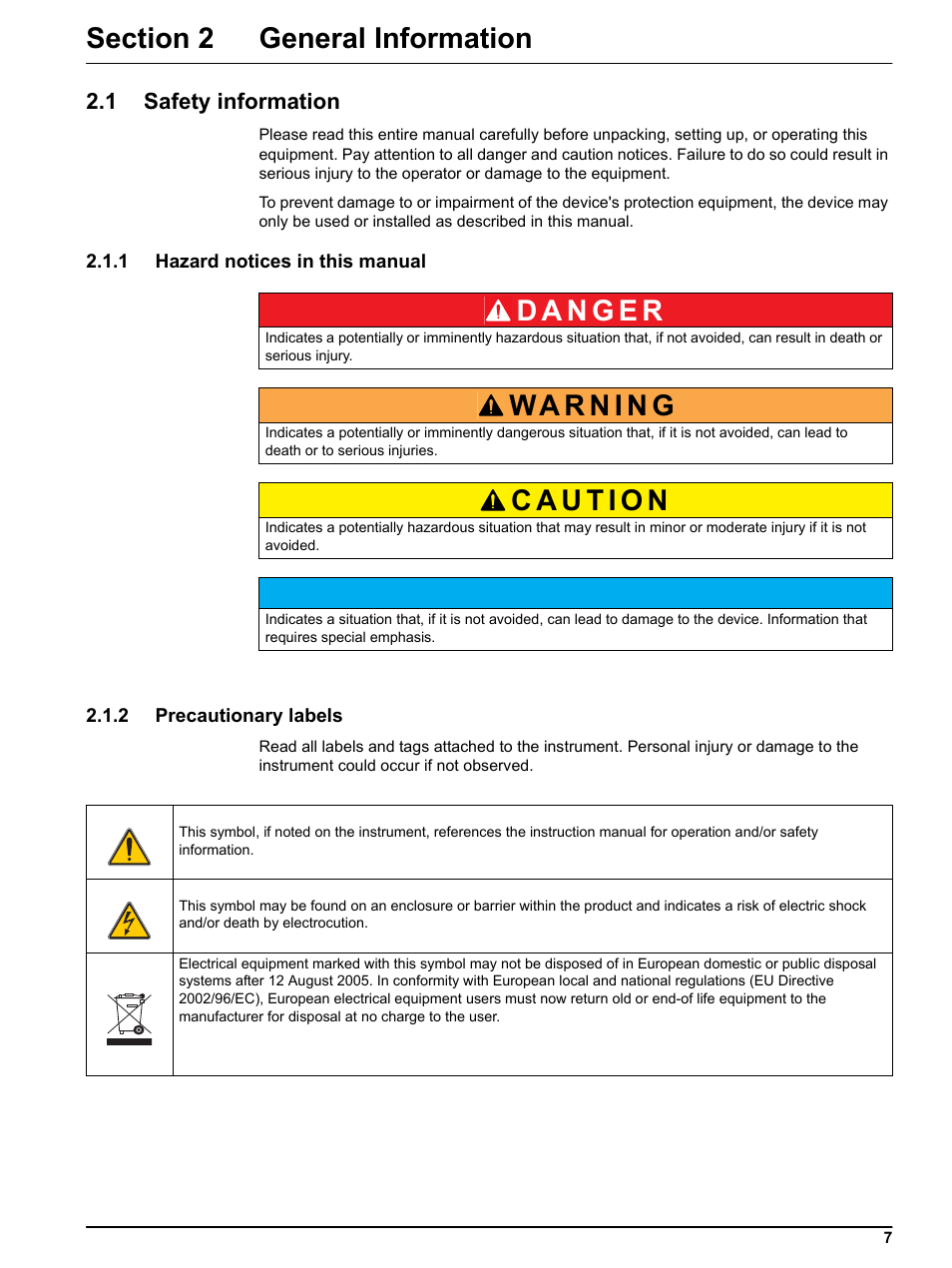 Section 2 general information, 1 safety information, 1 hazard notices in this manual | 2 precautionary labels | Hach-Lange TSS PORTABLE Handheld Instrument for Turbidity_Suspended Solids Manual User Manual | Page 7 / 38