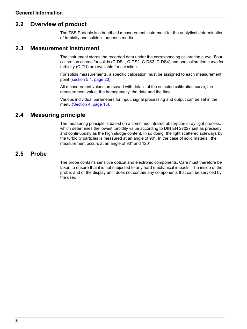 2 overview of product, 3 measurement instrument, 4 measuring principle | 5 probe | Hach-Lange TSS PORTABLE Handheld Instrument for Turbidity_Suspended Solids Manual User Manual | Page 8 / 38