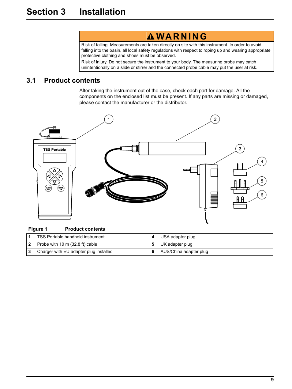Section 3 installation, 1 product contents, Section 3 installation 3.1 product contents | Hach-Lange TSS PORTABLE Handheld Instrument for Turbidity_Suspended Solids Manual User Manual | Page 9 / 38
