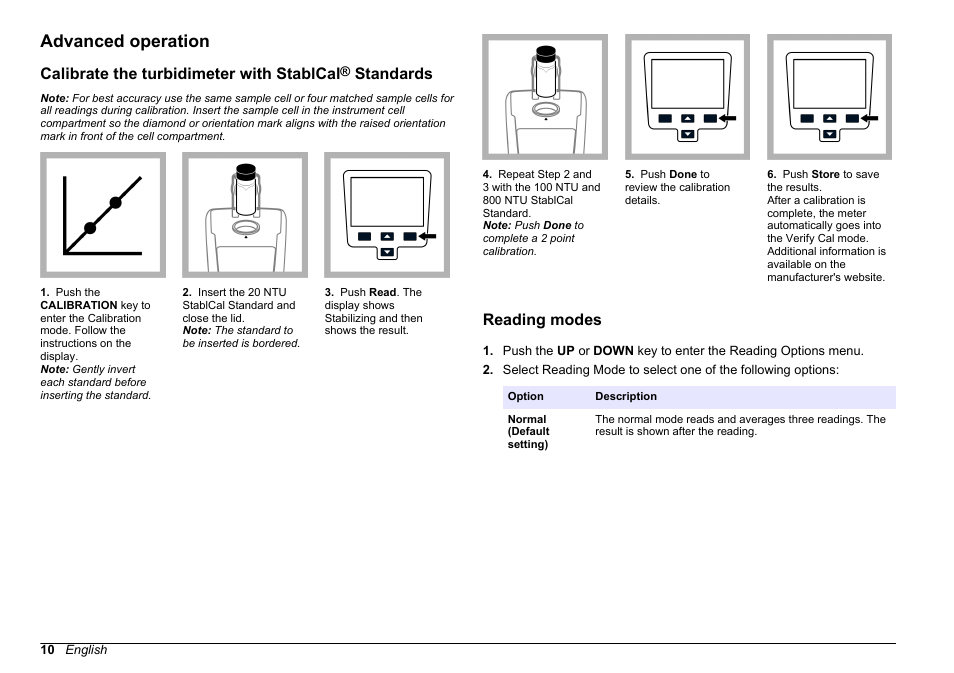 Advanced operation, Reading modes, Calibrate the turbidimeter with stablcal | Standards | Hach-Lange 2100Q and 2100Qis Basic User Manual User Manual | Page 10 / 294