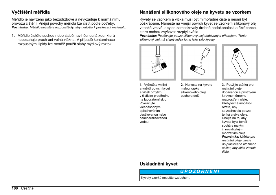 Vyčištění měřidla, Nanášení silikonového oleje na kyvetu se vzorkem, Uskladnění kyvet | Hach-Lange 2100Q and 2100Qis Basic User Manual User Manual | Page 100 / 294
