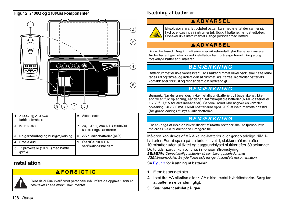 Installation, Isætning af batterier | Hach-Lange 2100Q and 2100Qis Basic User Manual User Manual | Page 108 / 294