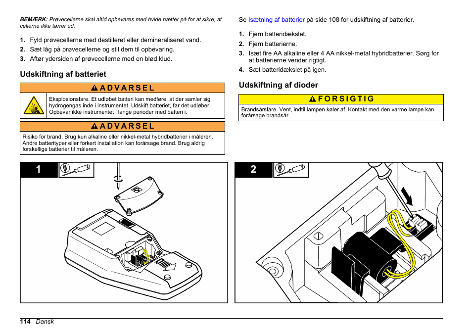 Udskiftning af batteriet, Udskiftning af dioder | Hach-Lange 2100Q and 2100Qis Basic User Manual User Manual | Page 114 / 294