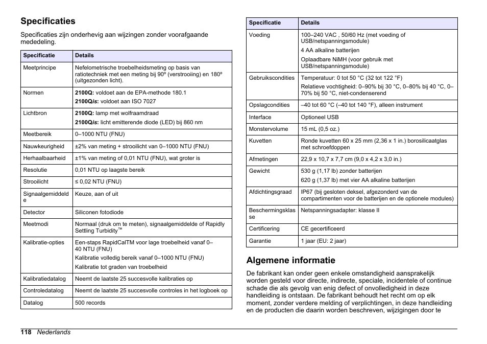 Basisgebruikershandleiding, Specificaties, Algemene informatie | Nederlands | Hach-Lange 2100Q and 2100Qis Basic User Manual User Manual | Page 118 / 294