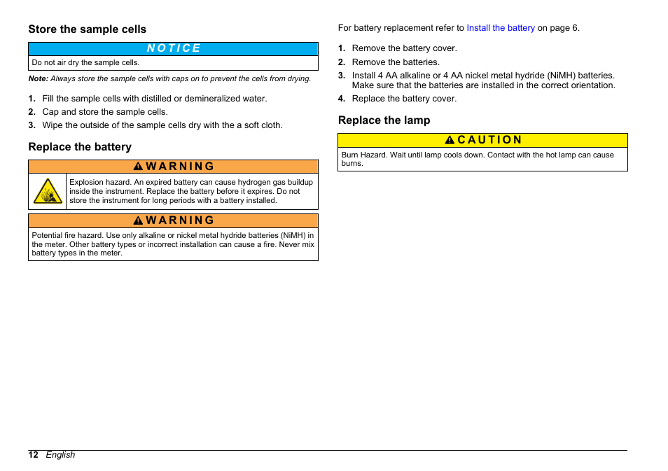 Store the sample cells, Replace the battery, Replace the lamp | Hach-Lange 2100Q and 2100Qis Basic User Manual User Manual | Page 12 / 294