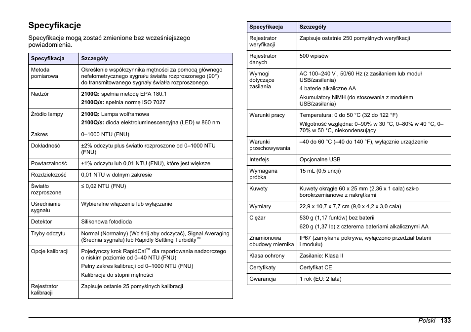 Podstawowa instrukcja obsługi, Specyfikacje, Informacje dotyczące bezpieczeństwa | Polski | Hach-Lange 2100Q and 2100Qis Basic User Manual User Manual | Page 133 / 294