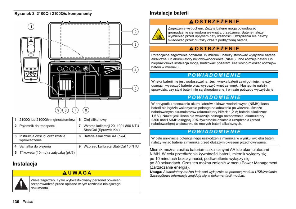 Instalacja, Instalacja baterii | Hach-Lange 2100Q and 2100Qis Basic User Manual User Manual | Page 136 / 294