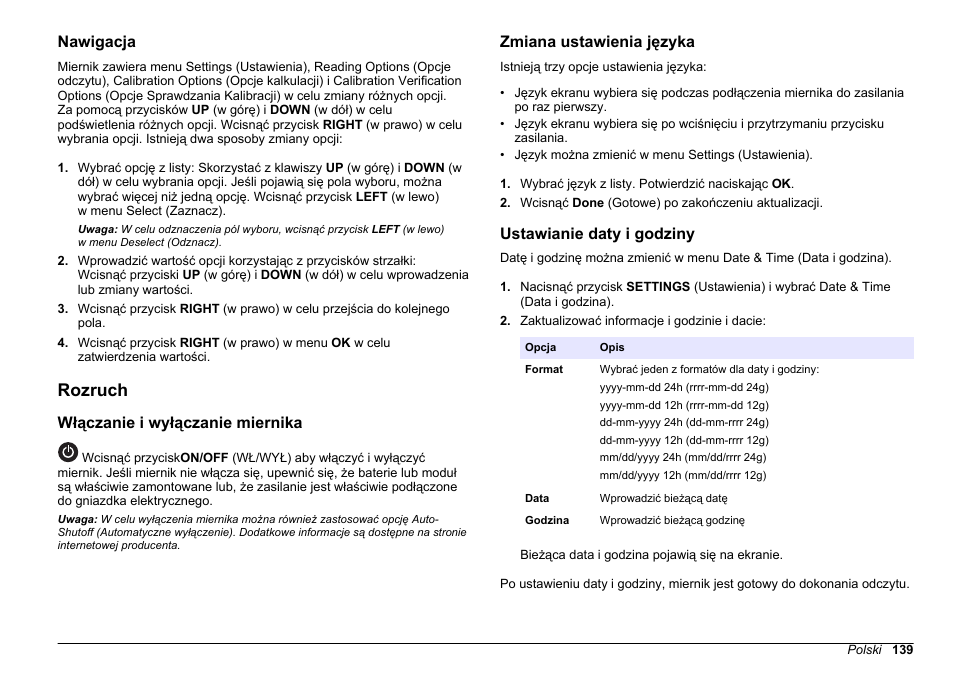 Nawigacja, Rozruch, Włączanie i wyłączanie miernika | Zmiana ustawienia języka, Ustawianie daty i godziny | Hach-Lange 2100Q and 2100Qis Basic User Manual User Manual | Page 139 / 294