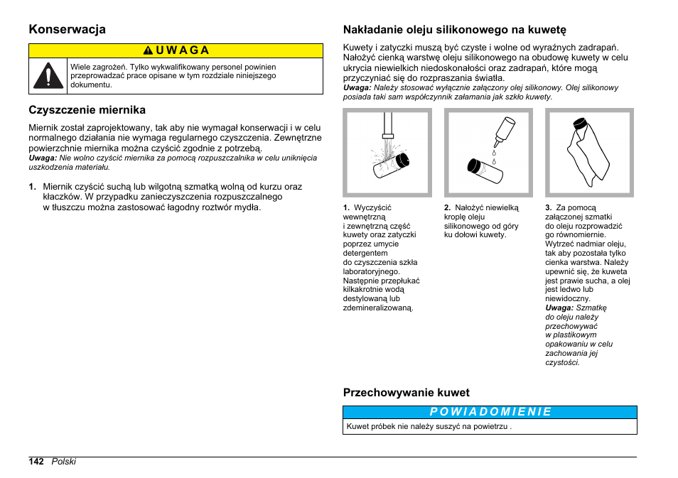 Konserwacja, Czyszczenie miernika, Nakładanie oleju silikonowego na kuwetę | Przechowywanie kuwet | Hach-Lange 2100Q and 2100Qis Basic User Manual User Manual | Page 142 / 294
