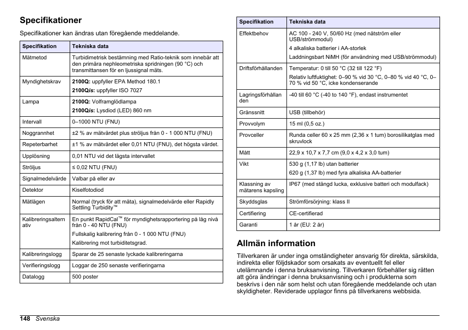 Grundläggande bruksanvisning, Specifikationer, Allmän information | Svenska | Hach-Lange 2100Q and 2100Qis Basic User Manual User Manual | Page 148 / 294