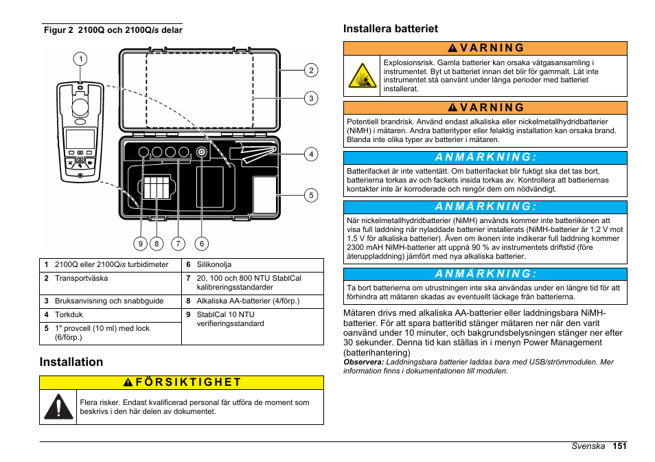 Installation, Installera batteriet | Hach-Lange 2100Q and 2100Qis Basic User Manual User Manual | Page 151 / 294