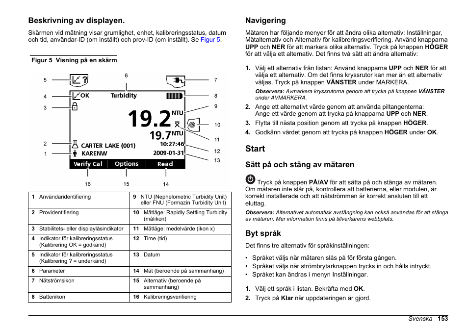 Beskrivning av displayen, Navigering, Start | Sätt på och stäng av mätaren, Byt språk | Hach-Lange 2100Q and 2100Qis Basic User Manual User Manual | Page 153 / 294