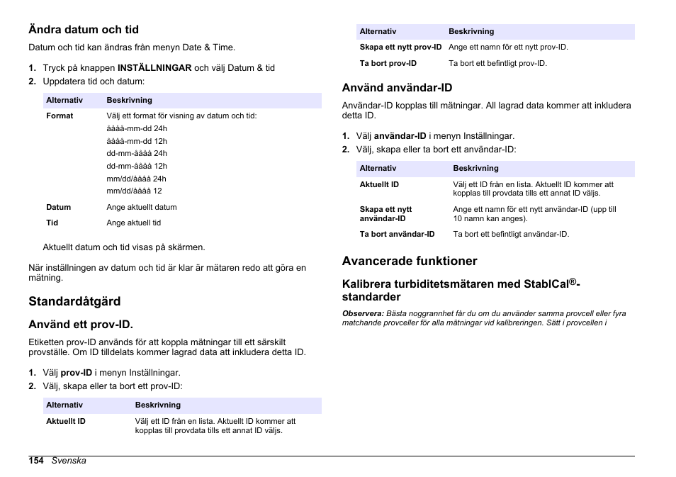 Ändra datum och tid, Standardåtgärd, Använd ett prov-id | Använd användar-id, Avancerade funktioner, Kalibrera turbiditetsmätaren med stablcal, Standarder | Hach-Lange 2100Q and 2100Qis Basic User Manual User Manual | Page 154 / 294
